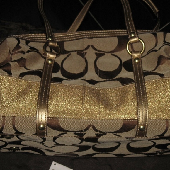 STUNNING VINTAGE PRISTINE METALLIC COACH KHAKI SIGNATURE GOLD  SATCHEL HANDBAG - Picture 10 of 13